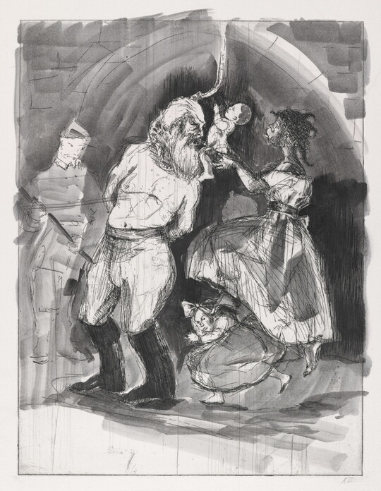 A black-and-white print of a White man about to be hung as a Black woman presents a baby to him.