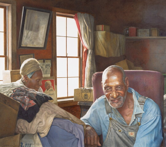 A realistic watercolor painting of an elderly Black man and woman sitting inside a home surrounded by boxes of clothing.