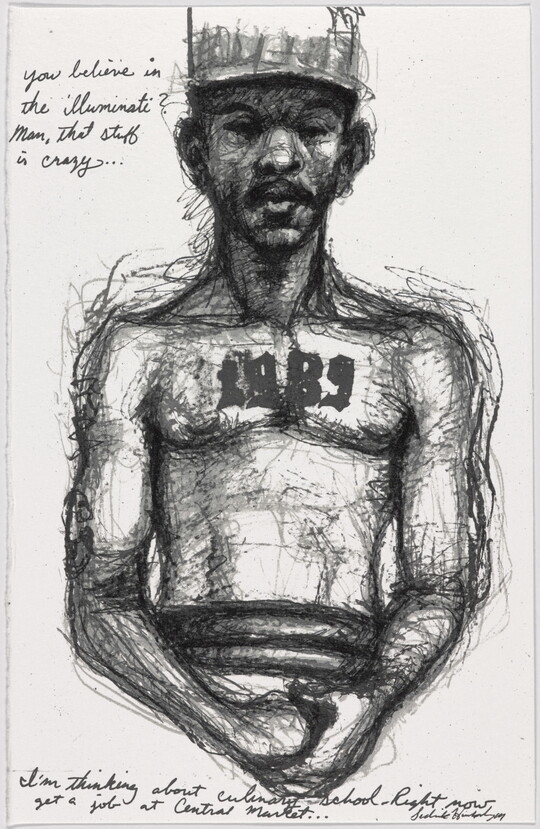 A black-and-white print of a sketch of a shirtless Black man wearing a ball cap and with a chest tattoo that says "1989."