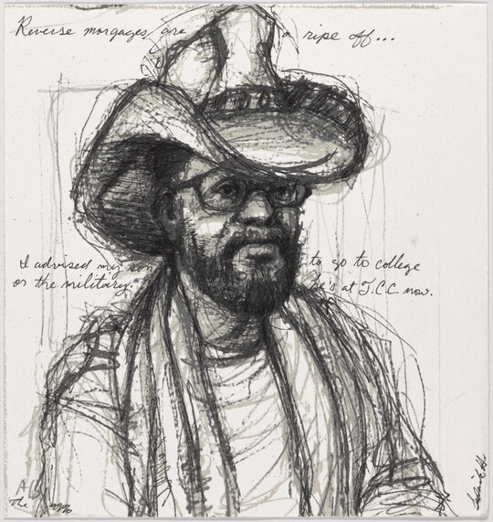 A black-and-white print of a sketch of a Black man with a beard and glasses, wearing a cowboy hat.