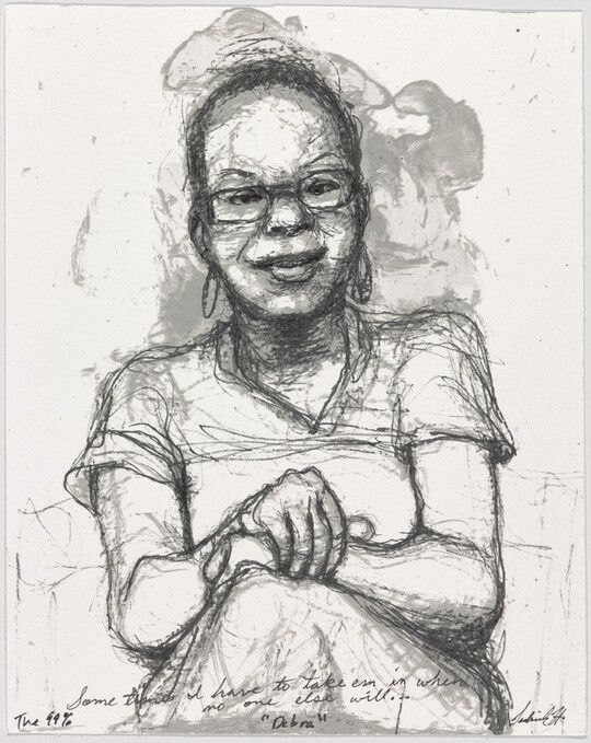 A black-and-white print of a sketch of a seated Black woman wearing glasses with her hands folded on her lap.