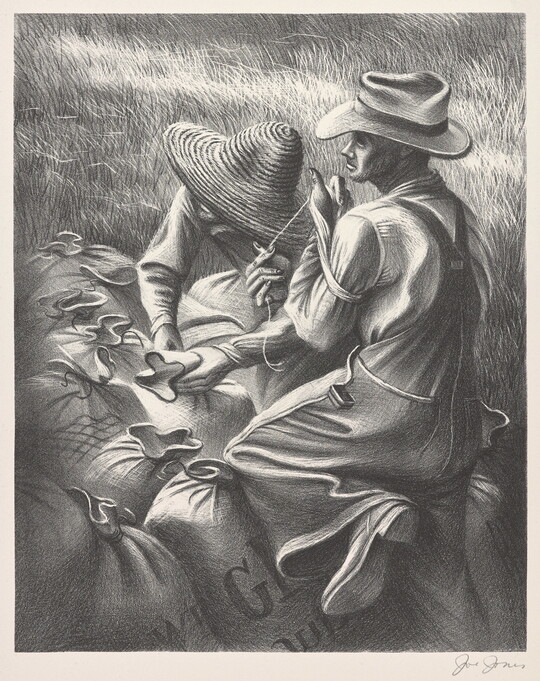 A black-and-white print of two farmers wearing hats and overalls tying bags of wheat in a wheat field.