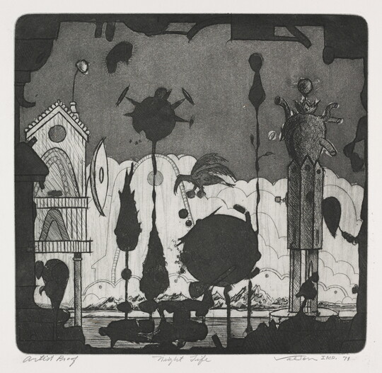 A black-and-white print of organic and geometric shapes, some in silhouette, and buildings in the background.