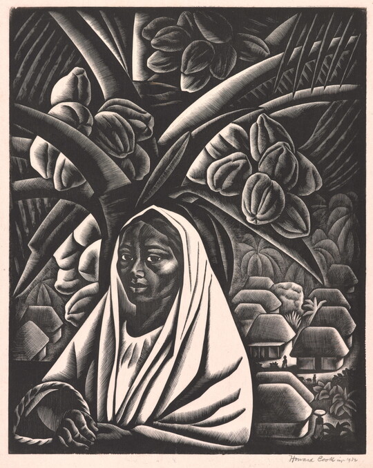 A black-and-white print of a dark-skinned woman in a white top and head covering in front of a geometric, tropical landscape with palm trees and thatched homes.
