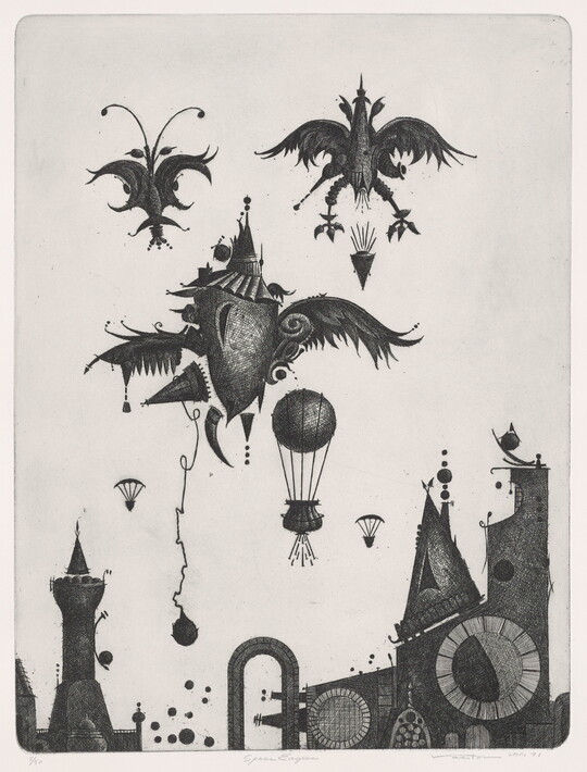 A black-and-white print of abstract, bird-like figures and balloons over a steampunk-style city skyline.