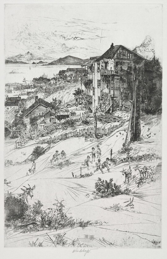 A black-and-white print of goats grazing and children playing in a field in front of houses perched on a steep hill overlooking the sea.