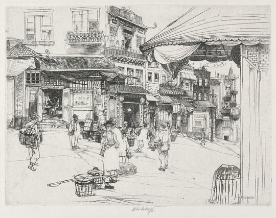 A black-and-white print of a busy street corner with people, some carrying baskets, walking in front of buildings with Asian architectural details.