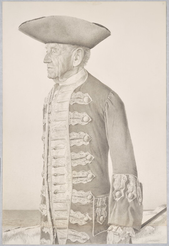 A graphite drawing of a White man in profile wearing a tricorn hat and a decorative frock.