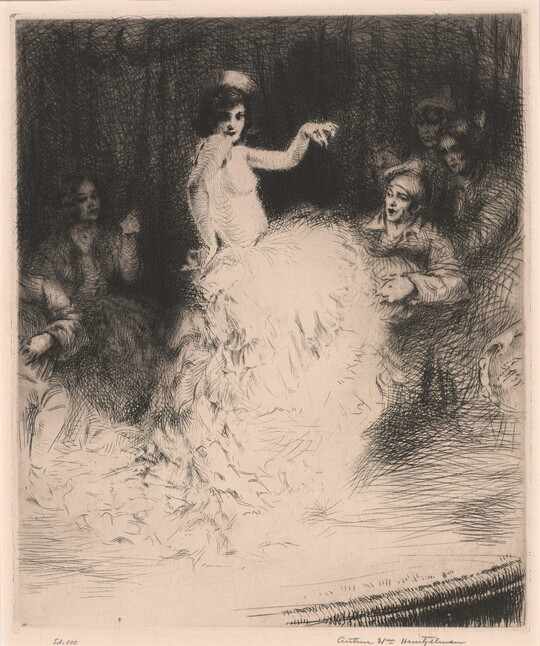 A black-and-white print of a White woman dancing on a stage in a voluminous skirt as people around her watch.