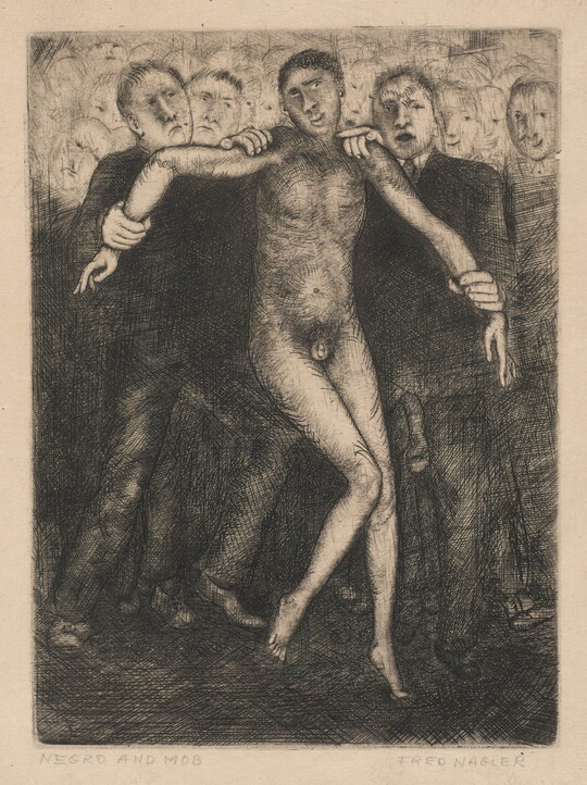 A black-and-white abstract print of a nude Black man being held by his arms and shoulders by a group of White men.