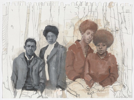A graphite and watercolor portrait of two Black couples: the couple at left wears black jackets and shirts, and the couple at right wears brown tunics and afro hairstyles.