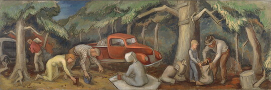 A oil painting of a family collecting pecans in a forest.