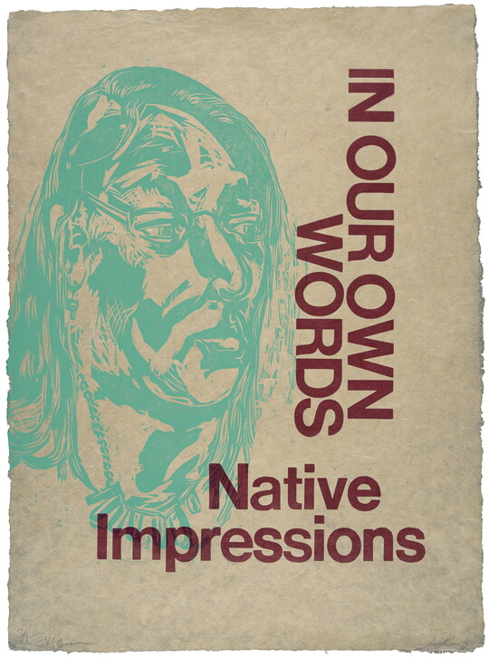 A color print of a Native American person in turquoise ink and the text "In Our Own Words: Native Impressions" in dark red.