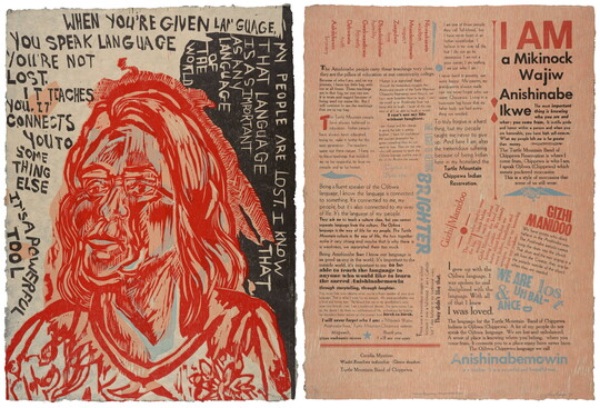 A two-part print of an abstract American Indian bust surrounded by text on the left, and lots of chunks of text in different sizes and colors on the right.