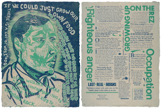 A color print of a two-page spread: on the left, a Native American man in three-quarter profile in blue and green surrounded by text; on the right, several blocks of text in varying sizes in blue and green.