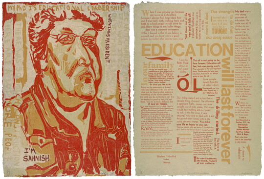 A color print of a two-page spread: on the left, an Indigenous man with curly hair and glasses in red and yellow surrounded by yellow text; on the right, several blocks of text in varying sizes in red and yellow.