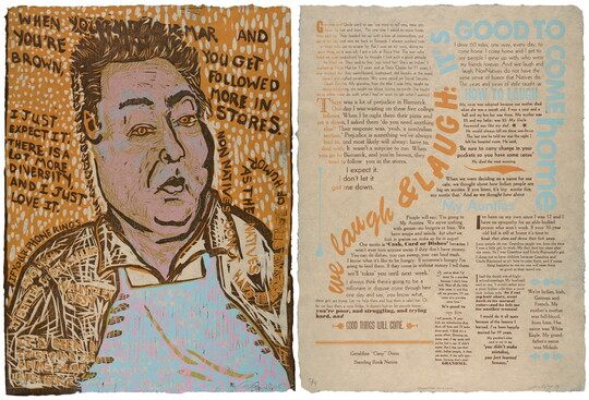A color print of a two-page spread: on the left, an Indigenous man in a blue apron in brown and orange surrounded by brown text; on the right, several blocks of text in varying sizes in orange, brown, and blue.