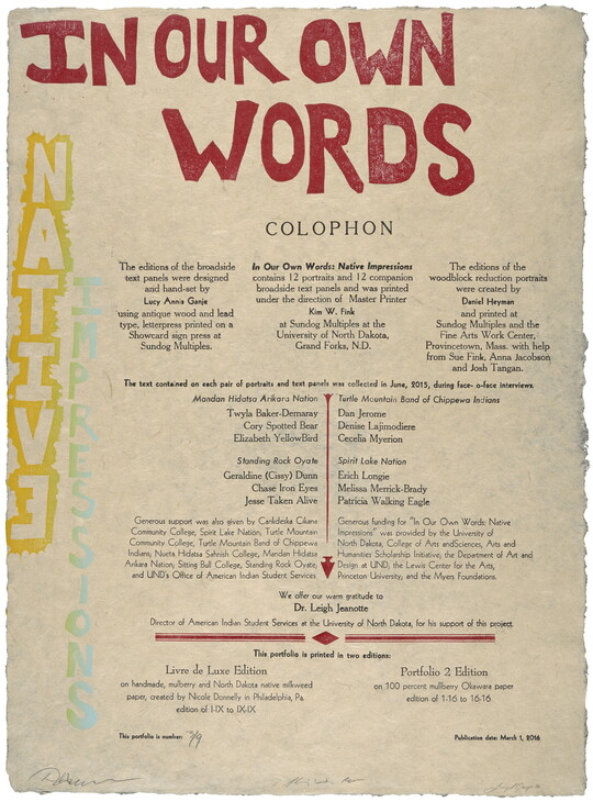 A color print of vertically and horizontally-formatted text in red, yellow, blue, and black.