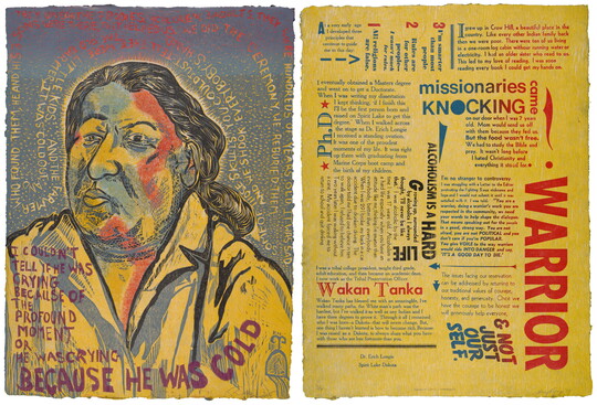 A two-part print of an abstract American Indian bust surrounded by text on the left, and lots of chunks of text in different sizes and colors on the right, with the word "WARRIOR" prominently in red.