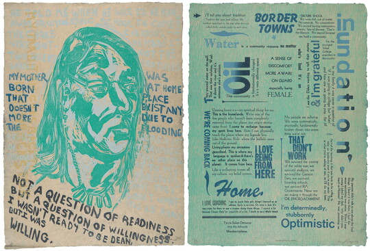 A color print of a two-page spread: on the left, an Indigenous man with long hair in green and blue surrounded by blue text; on the right, several blocks of text in varying sizes in blue, green, and black.