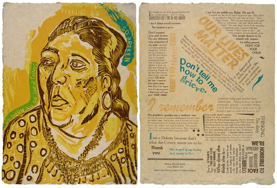 A color print of a two-page spread: on the left, an Indigenous woman in yellow and brown surrounded by yellow and green text; on the right, several blocks of text in varying sizes in yellow, brown, and green.