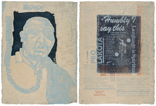 A color print of a two-page spread: on the left, an Indigenous man in blue and black surrounded by blue text; on the right, several blocks of text in varying sizes in blue, red, and black.