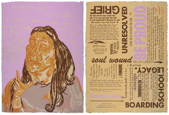 A color print of a two-page spread: on the left, an Indigenous woman in orange and brown surrounded by text on a pink background; on the right, several blocks of text in varying sizes in brown and pink.