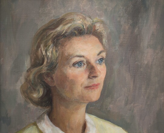 A portrait painting of the head and shoulders of a White woman with blue eyes and short blonde hair.
