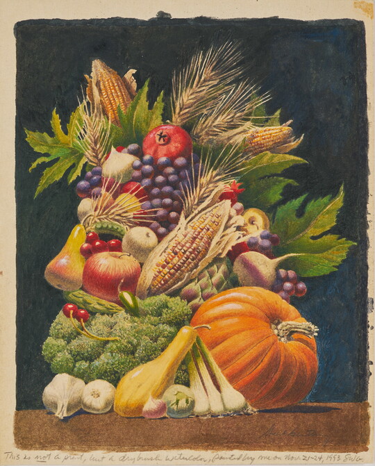 A watercolor painting of a man's head in profile made entirely of fruits and vegetables.