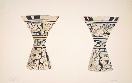 A detailed watercolor painting of two hourglass-shaped vessels covered in Aztec designs.