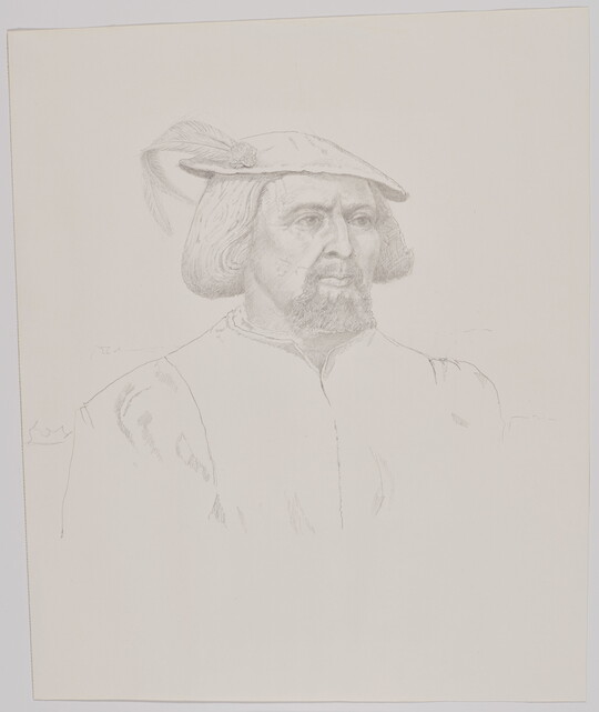 A pencil drawing of a White man with a goatee wearing a cap with a feathered plume and a jacket with a high collar and puffy sleeves.