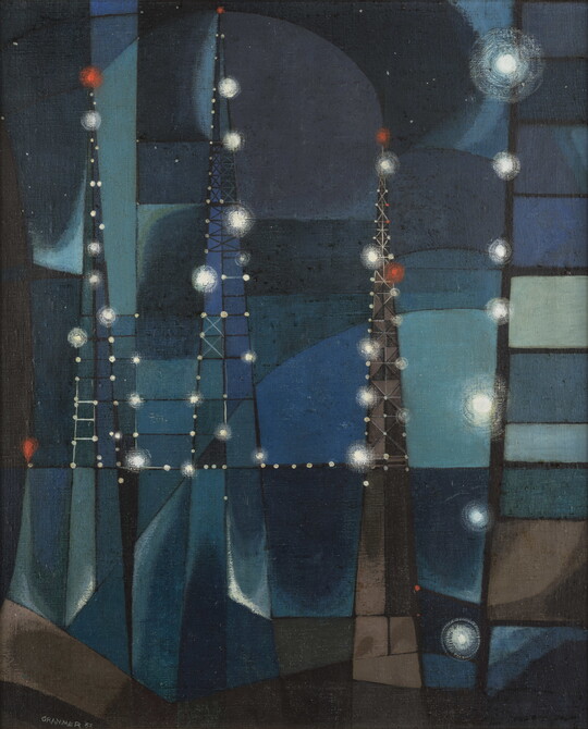 An abstract oil painting of oil rigs at night, composed of geometric shapes in shades of blue, green, and brown.