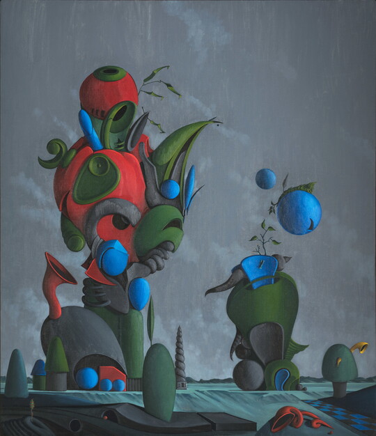 An abstract oil painting of colored, bulbous shapes resembling plants and trees against a gray background.