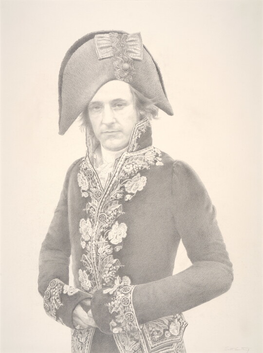 A pencil drawing of a White man dressed in a colonial military frock and a tall tricorn hat.