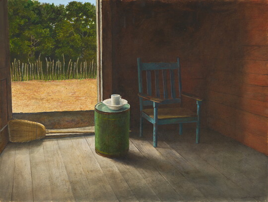 A watercolor painting of a room with a blue wooden chair, a white teacup and saucer on a rusty green barrel, and a broom laying across the open doorway.