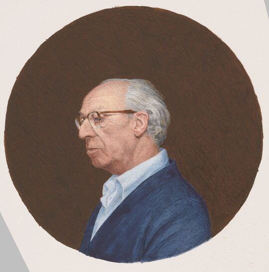A round watercolor portrait of an older, balding White man in profile with white hair, glasses, and blue sweater.