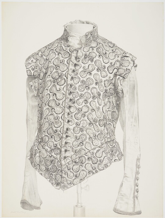 A black-and-white drawing of a historical jacket with an intricate spiral design on the torso set on a mannequin.