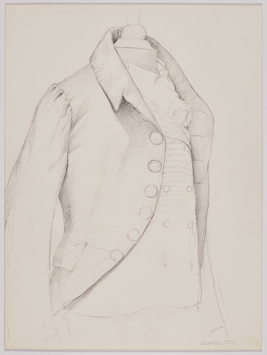 A black-and-white drawing of a historical jacket over a vest set on a mannequin.