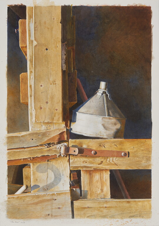 A realistic watercolor painting of a tin funnel resting upside down on a wooden structure.