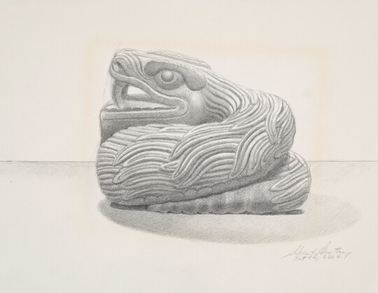 A black-and-white drawing of a stylized coiled snake sculpture, mouth open showing fangs.