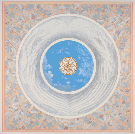 A watercolor of three concentric circles, the innermost a geometric design surrounded by sky, surrounded by white feathered wings, and then a floral pattern.