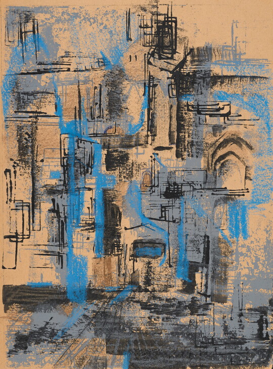 A color print of abstracted lines and forms, some resembling architectural features, primarily in shades of blue and black.