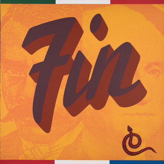 A color print of the word "Fin" written in cursive over faint images of two faces on an orange background; a red and black snake in the lower right corner.