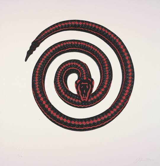 A color print of a black and red snake in a spiral, head at the center, biting itself.