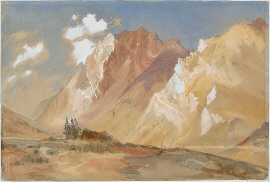 A watercolor of large, craggy mountains.