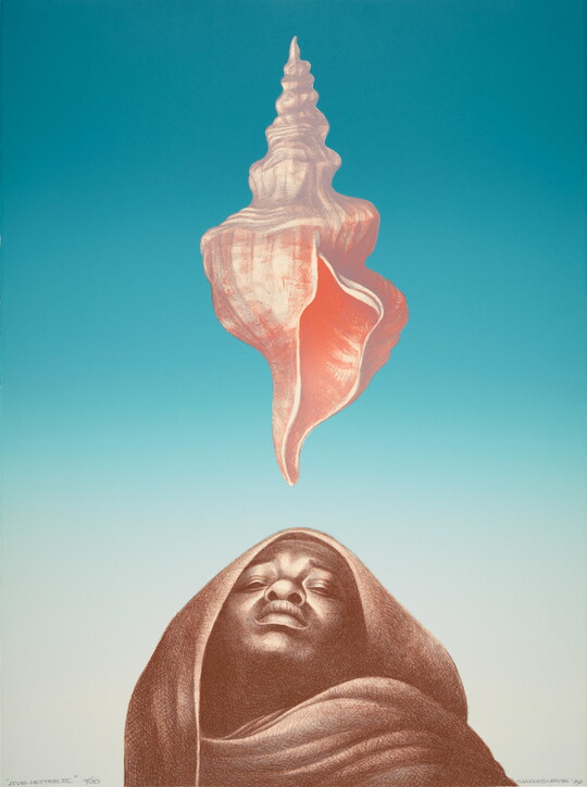 A color print of the bust of a Black adult wrapped in a shawl with a pink seashell floating above them against a mostly blue background.