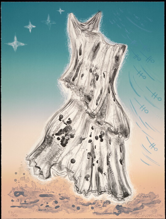 A print of a dog-shaped figure draped in a spotted sheet on a background of stars and abstracted forms.