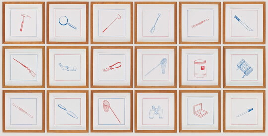 A collection of 18 framed illustrations of various tools and objects, including a magnifying glass, binoculars, and butterfly net.