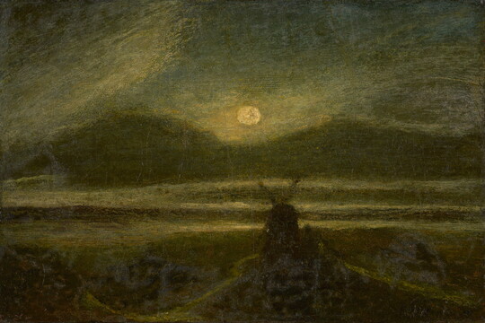A dark oil painting of the silhouette of a windmill against a dark night lit by a hazy moon.