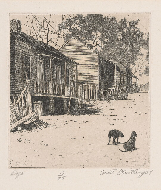 A black-and-white print of two dogs outside of a row of wood shacks.
